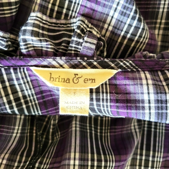 BRINA & EM Vintage Plaid Purple Gray Ruffled Top - Picture 7 of 9